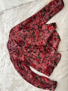 PAIGE Rose-Print Ruffle Blouse in Red and Black